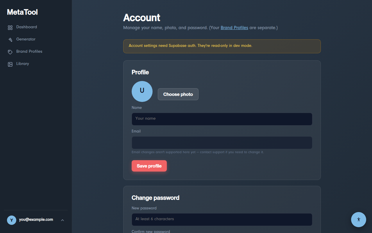 The Account settings page