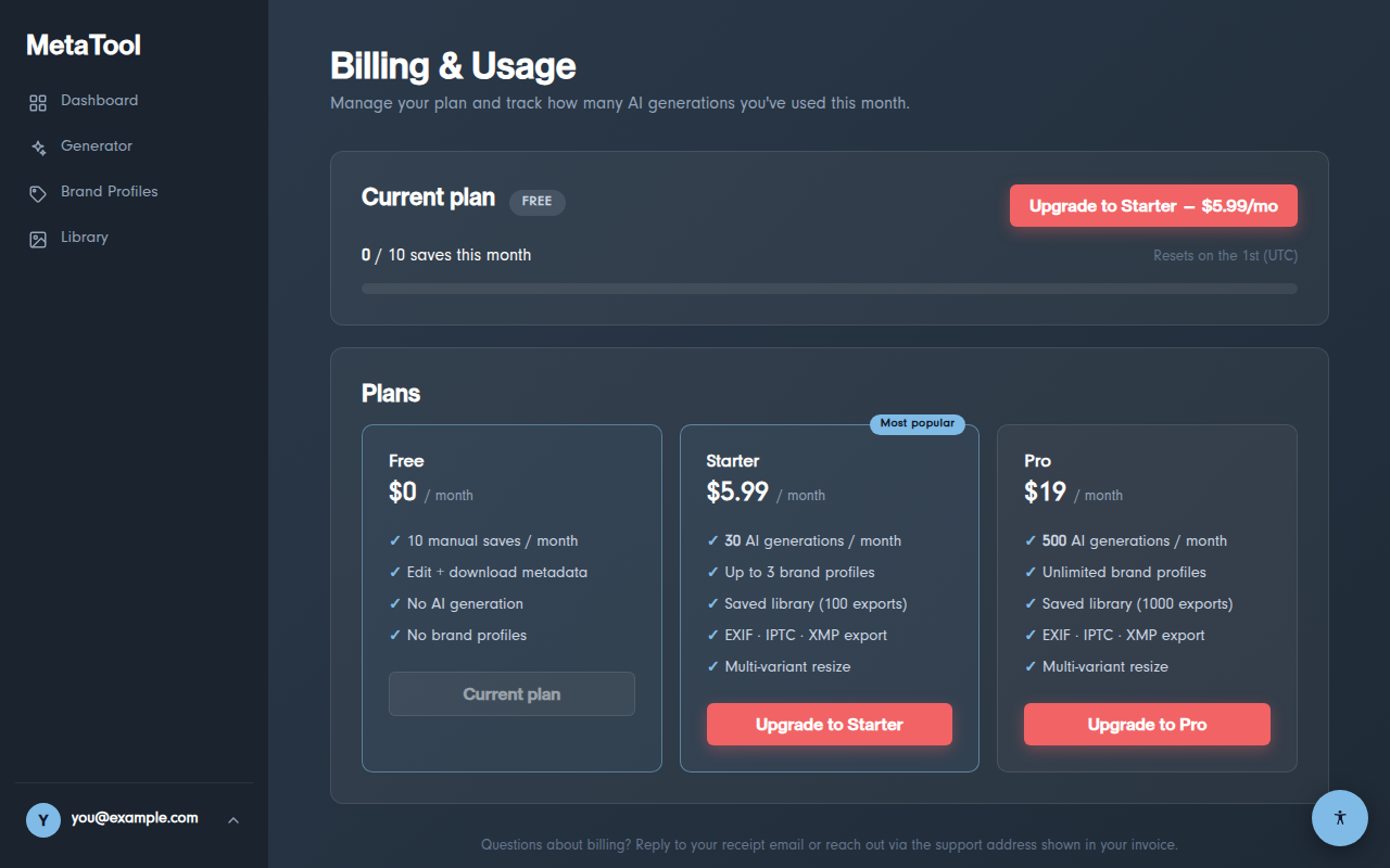 The Billing page with plan options