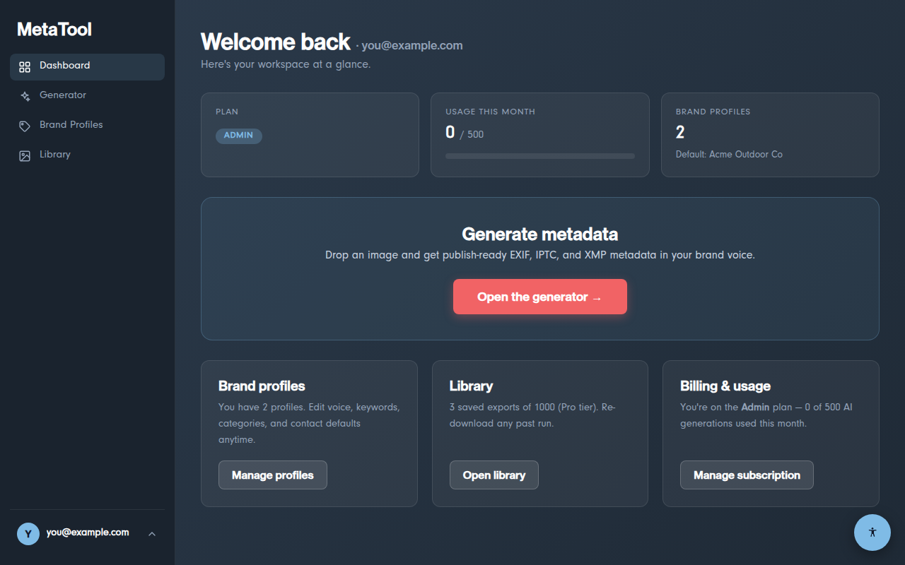 The MetaTool dashboard with the sidebar navigation