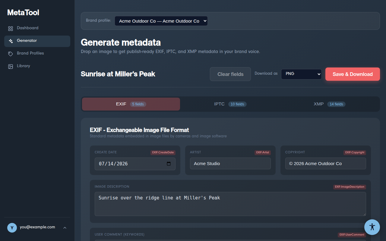 The metadata editor with EXIF fields filled in