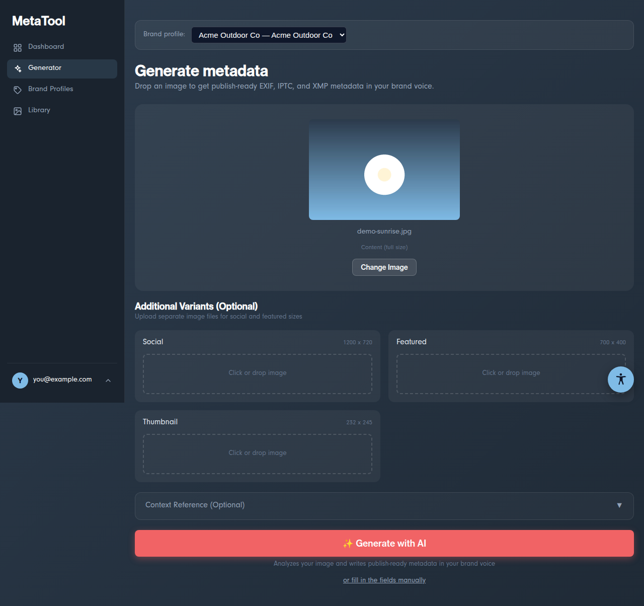 The preview step with variants, context, and the Generate with AI button
