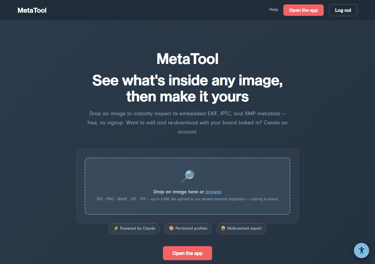 The public landing page with the metadata inspector