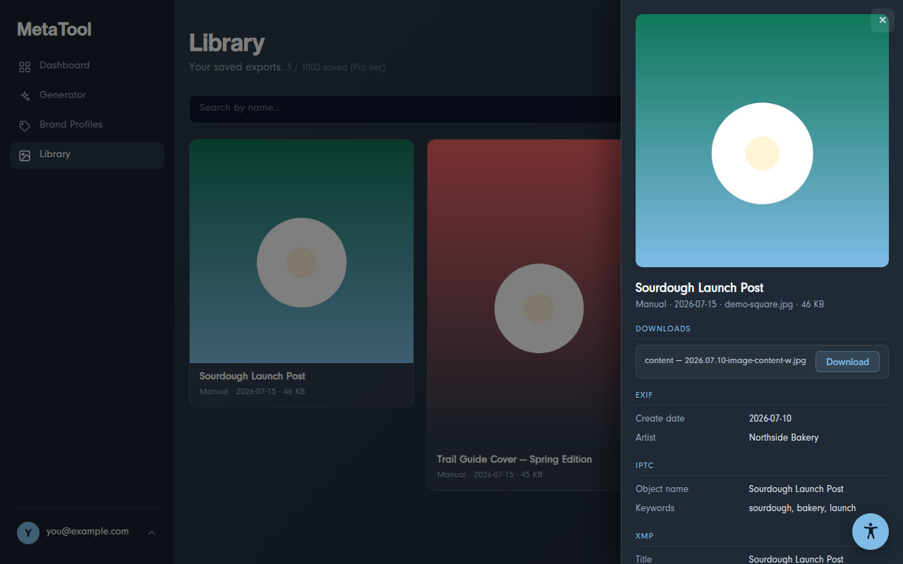 The library detail drawer with metadata and downloads