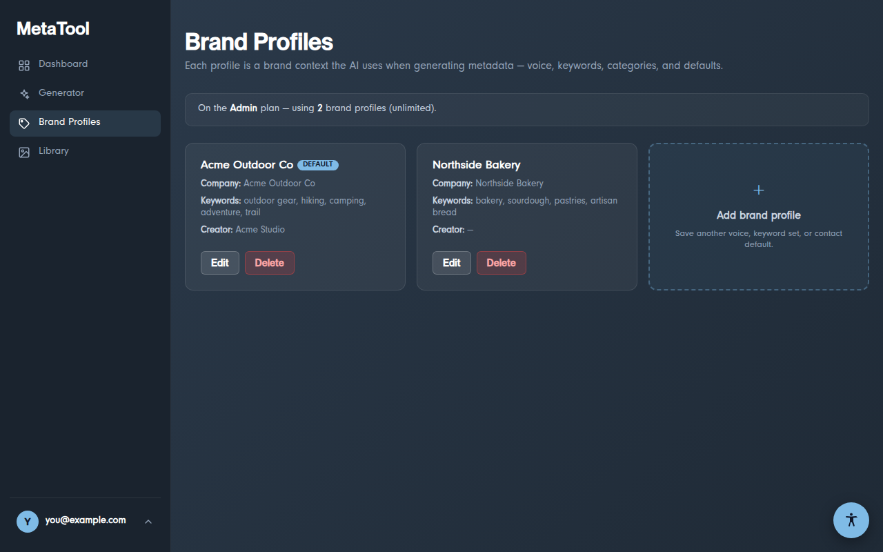 The Brand Profiles page with profile cards